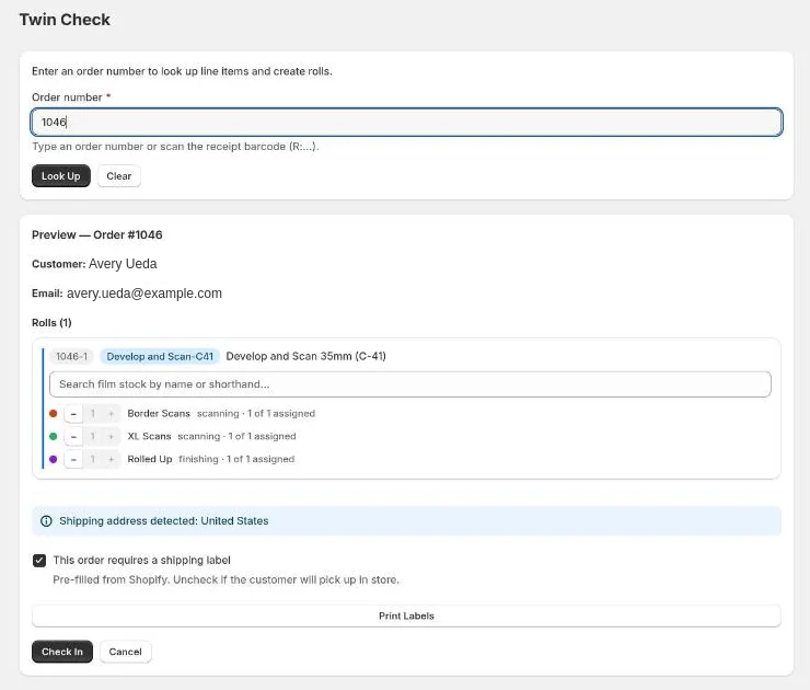 An order looked up on Check In, ready for film stocks and add-ons