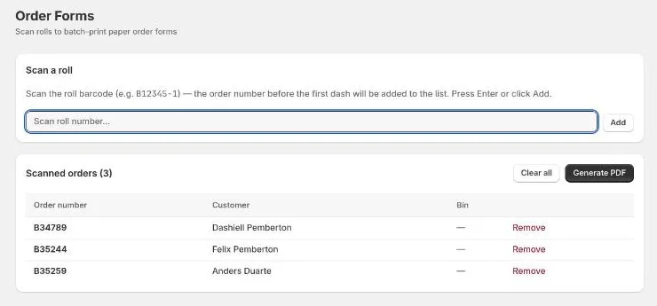 Order Forms with three orders in the batch