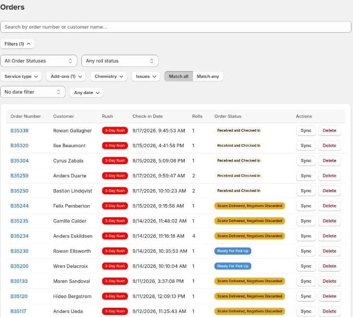Orders filtered to 3-Day Rush, newest first
