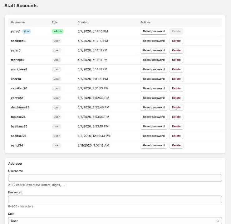 Staff Accounts, with the Add user form below