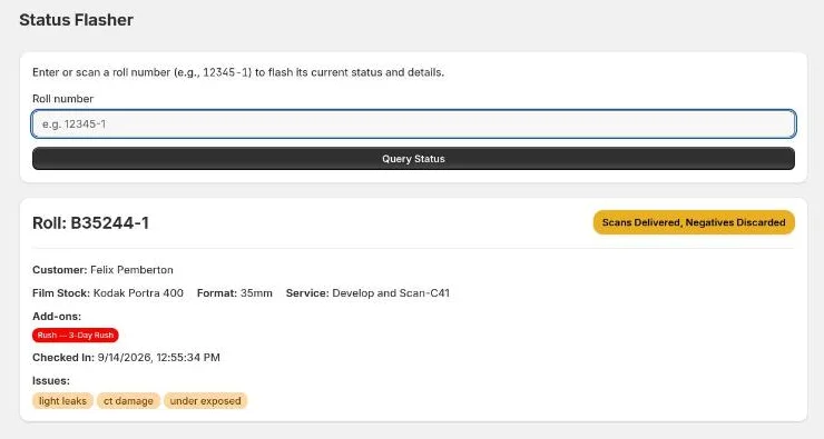 Status Flasher showing a roll's status, add-ons and issues