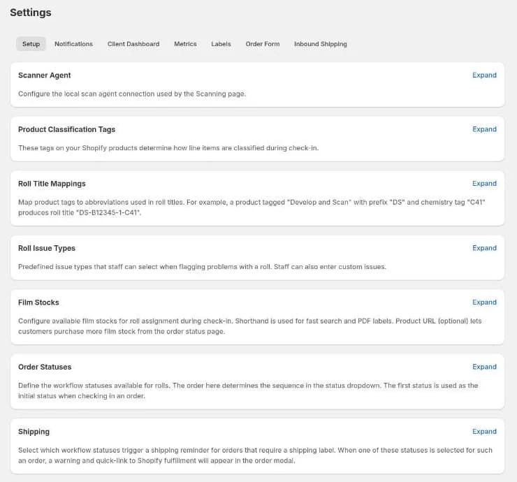 The Setup tab, with every section collapsed