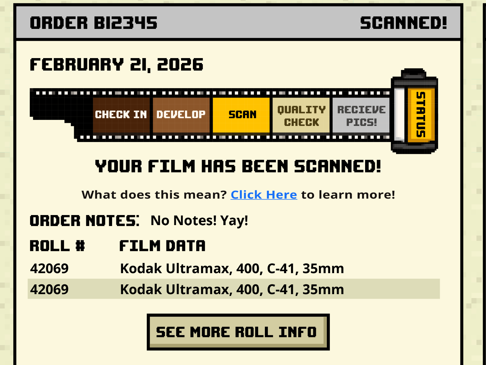 A single order card: the stages check in, develop, scan, quality check and receive pics laid out as frames on a strip of 35mm film, with the completed frames coloured in.